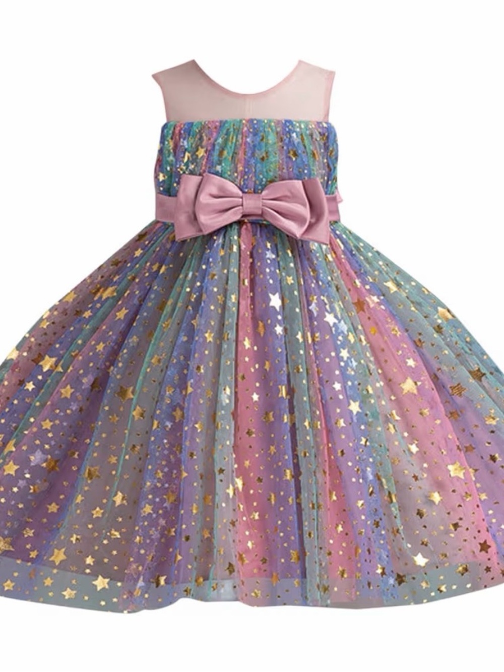 Pastel Rainbow Star Tulle Dress with Pink Bow